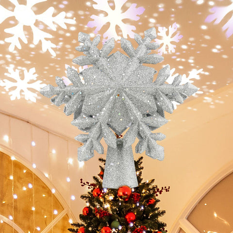 Christmas Tree Topper, Snowflake Tree Topper, Lighted Tree Topper with Adjustable Rotating LED Projector,3D Silver Glitter Christmas Tree Toppers, Light Up Tree Toppers Christmas Decorations