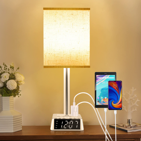 Table Lamp for Bedroom, Bedside Lamps with USB Ports and Outlets, Alarm Clock Base w/ 6Ft Extension Cord, Modern Fabric Shade Table Lamps for Nightstand, Bedrooms, Living Room