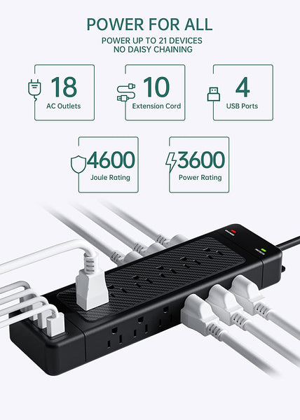 Power Strip with USB 10 ft, 18-Outlet Surge Protector Power Strip with USB Ports Flat Plug Wall Mountable, Heavy Duty Extension Cord 10 Ft, Charging Station for Multiple Devices, USB Power Strip