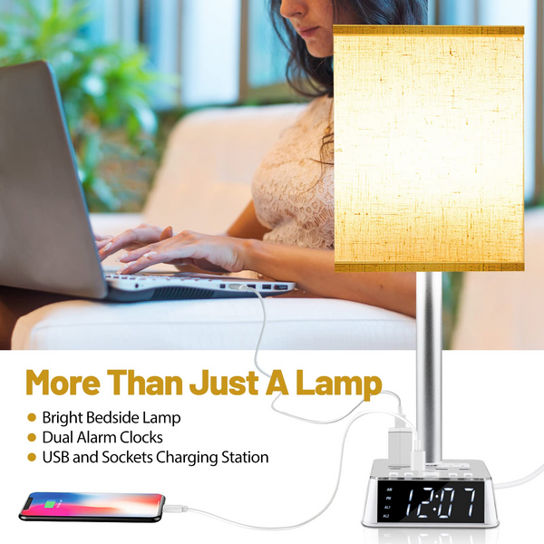 Table Lamp for Bedroom, Bedside Lamps with USB Ports and Outlets, Alarm Clock Base w/ 6Ft Extension Cord, Modern Fabric Shade Table Lamps for Nightstand, Bedrooms, Living Room