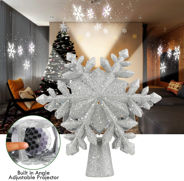 Christmas Tree Topper, Snowflake Tree Topper, Lighted Tree Topper with Adjustable Rotating LED Projector,3D Silver Glitter Christmas Tree Toppers, Light Up Tree Toppers Christmas Decorations