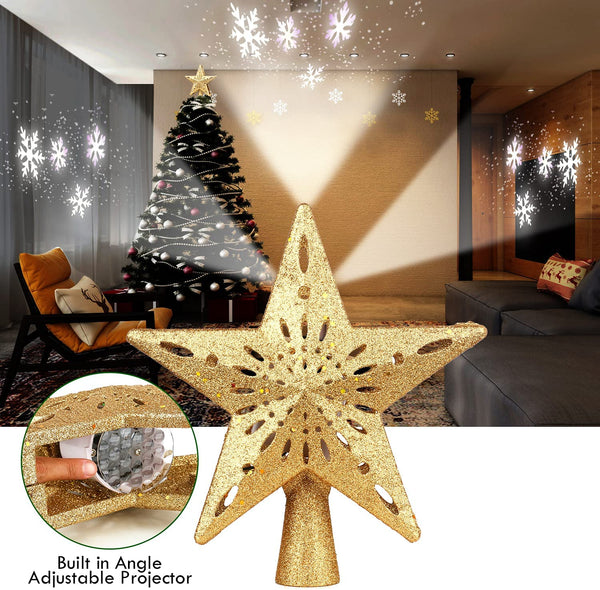 Tree Topper, Christmas Tree Topper Star with Rotating Snowflakes LED Projector，3D Gold Glittered Tree Toppers Christmas Decorations