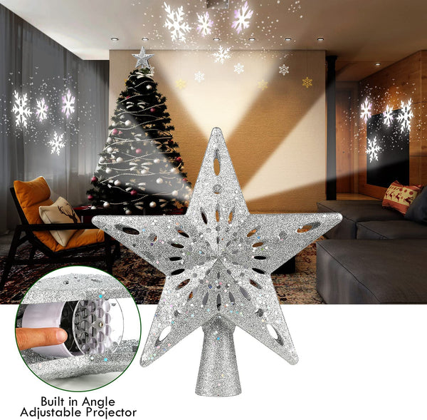 Tree Topper, Christmas Tree Topper Star with Rotating Snowflakes LED Projector，3D Silver Glittered Tree Toppers Christmas Decorations