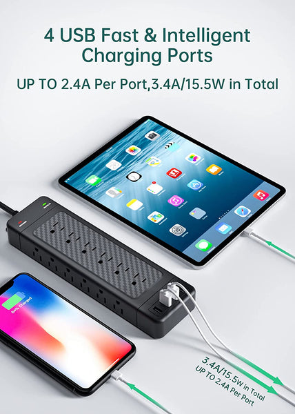 Power Strip with USB 10 ft, 18-Outlet Surge Protector Power Strip with USB Ports Flat Plug Wall Mountable, Heavy Duty Extension Cord 10 Ft, Charging Station for Multiple Devices, USB Power Strip