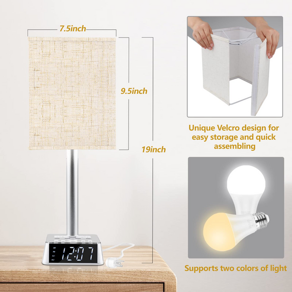 Table Lamp for Bedroom, Bedside Lamps with USB Ports and Outlets, Alarm Clock Base w/ 6Ft Extension Cord, Modern Fabric Shade Table Lamps for Nightstand, Bedrooms, Living Room