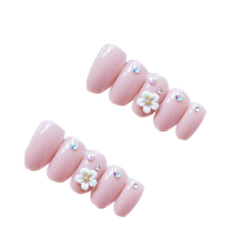 24 Pcs Romantic White Floral Long Artificial False Nails Rhinestone Nails Decor