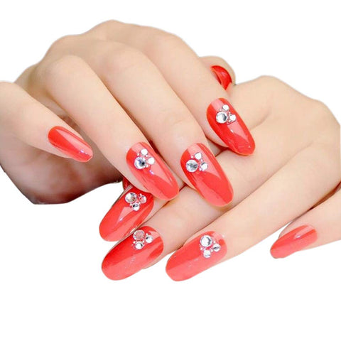 24 Pcs Red Long Artificial False Nails faux Jewels Nails Decor