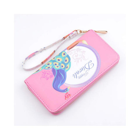 7.48x3.93 Inches Stylish Women Long Purse Vintage Peacock Print Purse PU Leather Wallet Pink