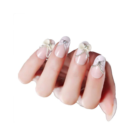 24 Pcs Romantic White Bow Long Artificial False Nails faux Jewels Nails Decor