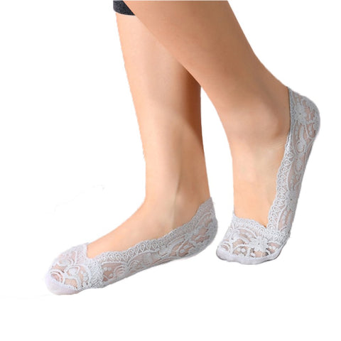 5 Pairs Women No Show Liner Socks, Thin Casual Low Cut Socks Silk Lace Socks (Beige+Black+White+Pink+Grey)