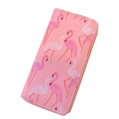 7.48x3.93 Inches Stylish Women Long Purse Vintage Flamingo Print Purse PU Leather Wallet Pink