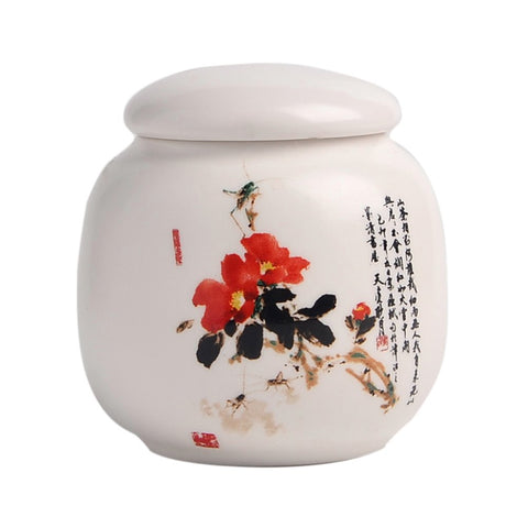 Red Camellia Print Mini Porcelain Tea Storage Tin for Loose Tea White Ceramic Tea Storage Chest