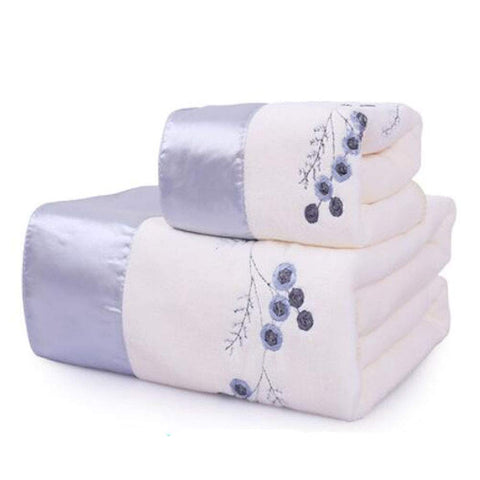 Embroidered Flowers Bath Towel Set Cotton Bath Towel Bundle 1 Bath Towel and 1 Hand Towel White