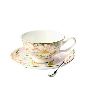 European Style Bone China Coffee Cup Elegant Floral Afternoon Tea Ceramic Mug (Mug+Cup Plate+Spoon)