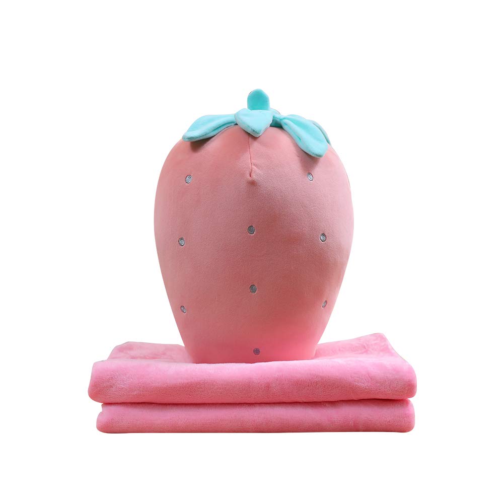 3D Strawberry Plush Toy Creative Sofa Cushion with Flannel Blanket Multifunction Throw Pillow Pink