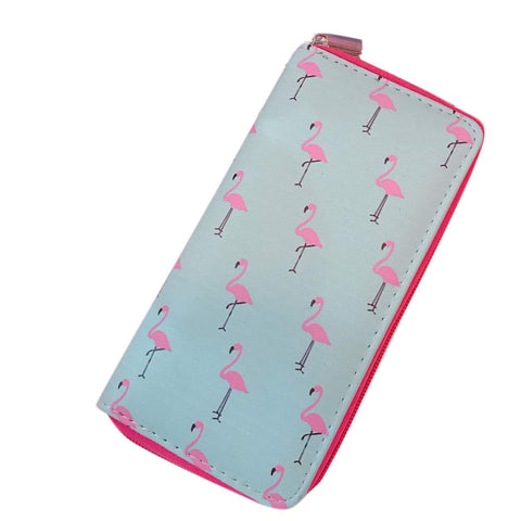 7.48x3.93 Inches Stylish Women Long Purse Cute Flamingo Print Purse PU Leather Wallet Gray