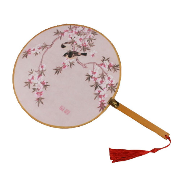 Set of 2 Chinese/Japanese Cotton Fabric Fan Print Decor Bamboo Handle Round Hand Fan,Flower and Bird