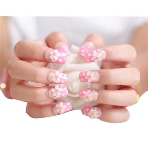 24 Pcs Romantic White Camellia Long Artificial False Nails Faux White Dots Nails Decor Pink