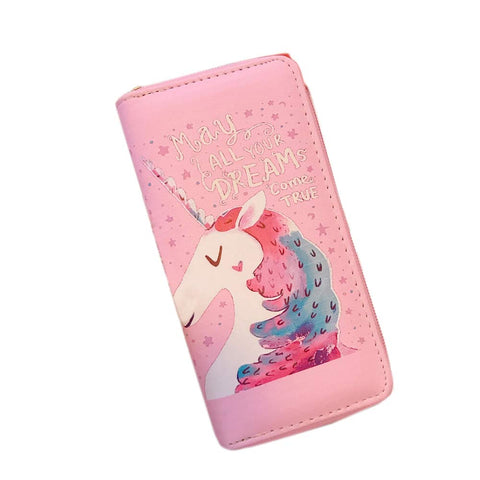 7.48x3.93 Inches Stylish Women Long Purse Cute Unicorn Print Purse PU Leather Wallet Pink