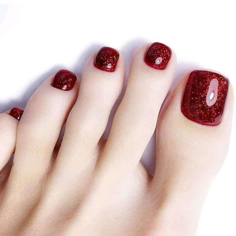 24 Pcs Creative Claret Short Artificial False Toe Nails Toe Nails