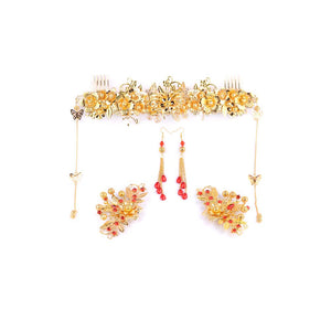 Romantic Chinese Traditional Floral Bridal Hair Ornaments With Earrings Set Gold