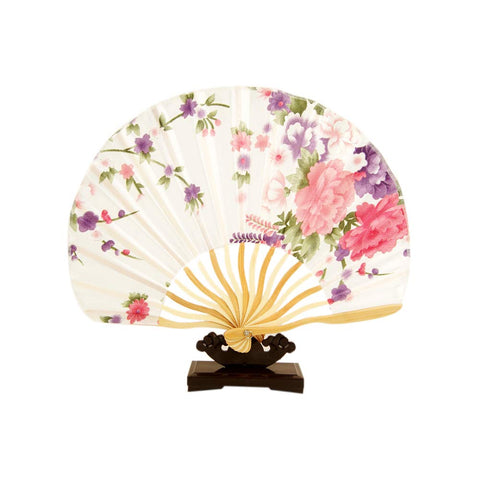 Japanese Style Dance Folding Fan Colorful Floral Portable Silk Folding Fan with Fan Bag White