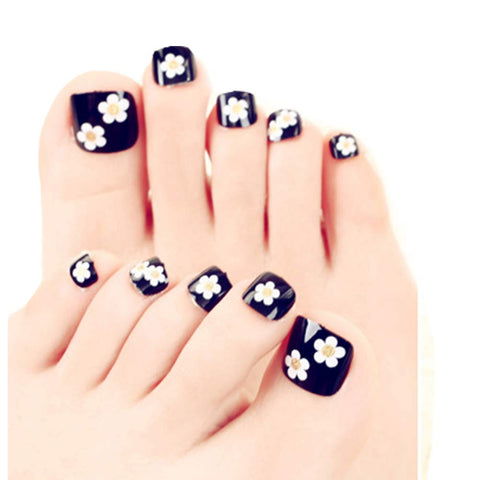 24 Pcs Floral False Nails Rhinestone Short Artificial False Toe Nails Black Toe Nails