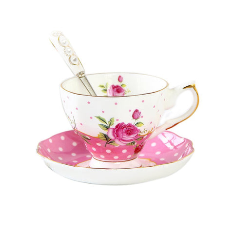 Modern Style Creative Floral Bone China Coffee Cup Afternoon Tea Ceramic Mug Set (Mug+Cup Plate+Spoon)