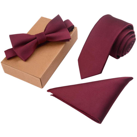 Fashionable Premium Formal/Informal Ties Set, Necktie/Bow Tie/Pocket Square, Wine