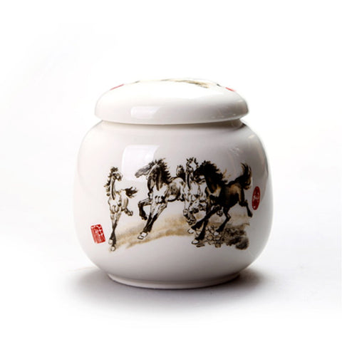 Horses Print Mini Porcelain Tea Storage Tin for Loose Tea White Ceramic Tea Storage Chest Spice Jar