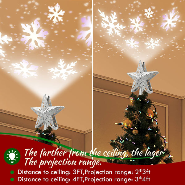 Tree Topper, Christmas Tree Topper Star with Rotating Snowflakes LED Projector，3D Silver Glittered Tree Toppers Christmas Decorations