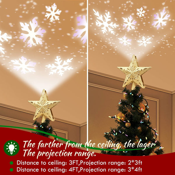 Tree Topper, Christmas Tree Topper Star with Rotating Snowflakes LED Projector，3D Gold Glittered Tree Toppers Christmas Decorations