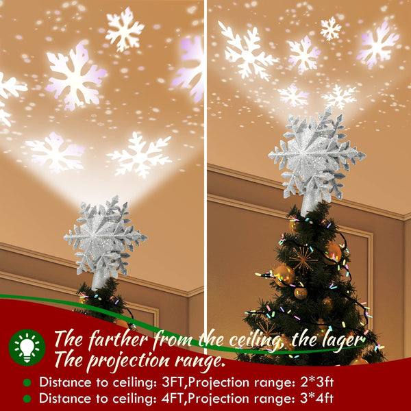 Christmas Tree Topper, Snowflake Tree Topper, Lighted Tree Topper with Adjustable Rotating LED Projector,3D Silver Glitter Christmas Tree Toppers, Light Up Tree Toppers Christmas Decorations