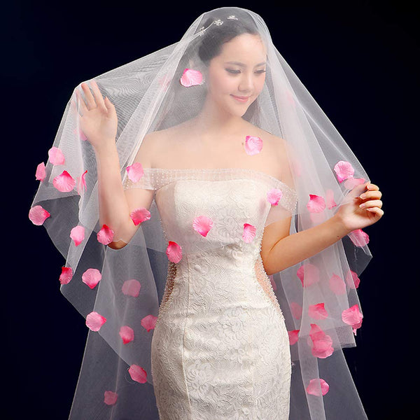 Romantic Rose Petals Wedding Veil Lace Bridal Veil Fingertip Length 118" Ivory