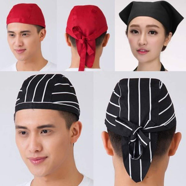 Professional Chef Hat Headband Red Stripes Print Skull Cap Sushi Restaurant Turban Black