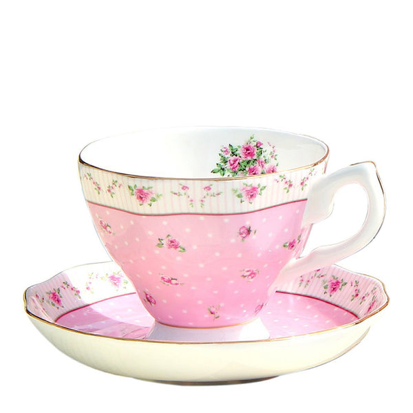 European Style Floral Bone Coffee Cup Floral Afternoon Tea Ceramic Mug Set (Mug+Cup Plate+Spoon) Pink