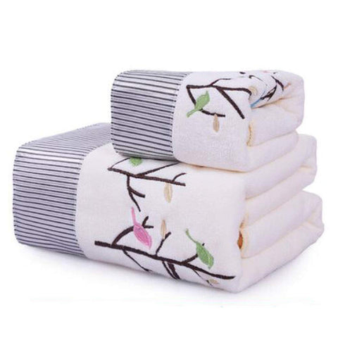 Embroidered Happiness Tree Bath Towel Set Cotton Bath Towel Bundle 1 Bath Towel and 1 Hand Towel White