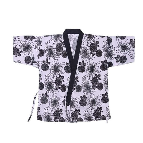 Japanese Style Black Chrysanthemum Print Chefs Clothes Half Sleeve Uniform Sushi Restaurant Chef Waiter Clothes White