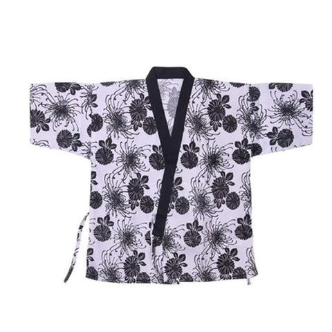 Japanese Style Black Chrysanthemum Print Chefs Clothes Half Sleeve Uniform Sushi Restaurant Chef Waiter Clothes White