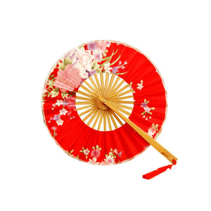 Japanese Round Windmill Dance Folding Fan Creative 360 Degrees Floral Portable Silk Folding Fan Red