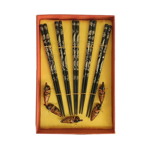 Chinese/Japanese Style 5 Pairs Wooden Chopsticks with Chopsticks Holders Utensil Set with Gift Case (Gold Dragon)