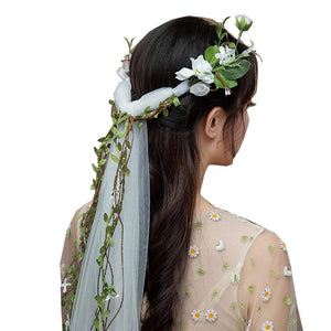 Romantic Handmade Green Floral Garland Headband European Style Bow Bridal Veil Short