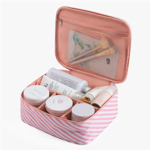 Multifunction Case Portable Travel Makeup Cosmetic Bag Cute Stripe Print Bag Organizer Pink