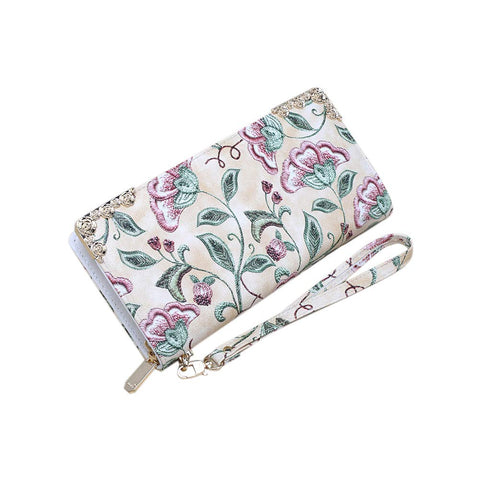 3.9 x 8.3 Inches Stylish Women Long Purse Floral PU Leather Wallet with Zippers Apricot