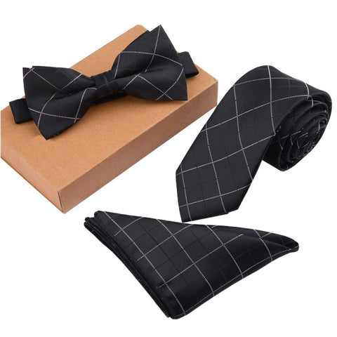 Fashionable Premium Formal/Informal Ties Set, Necktie/Bow Tie/Pocket Square, Black and White Lines