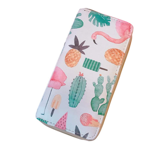 7.48x3.93 Inches Stylish Women Long Purse Cute Cactus Print Purse PU Leather Wallet