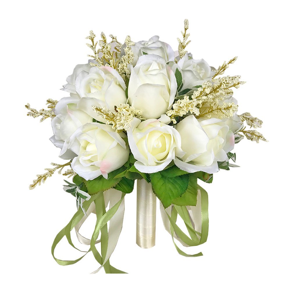 Bridal Wedding Bouquet Flower Bouquets Artificial Flowers Wedding Home Decoration, White Rose