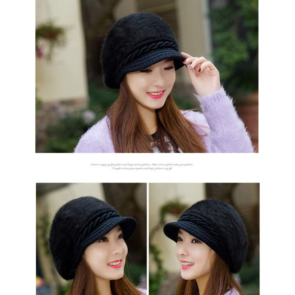 Winter Fashion Rabbit Wool Warm Hat Knitted Visor Beret Hat for Women Black