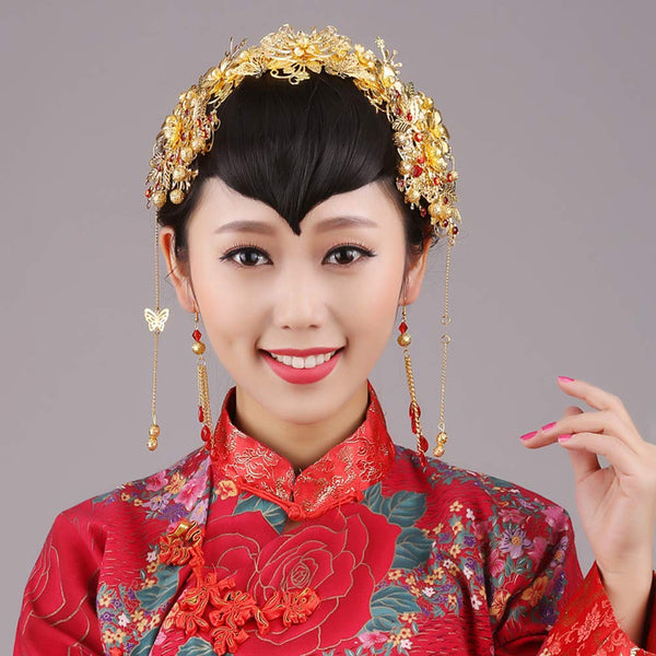 Romantic Chinese Traditional Floral Bridal Hair Ornaments With Earrings Set Gold