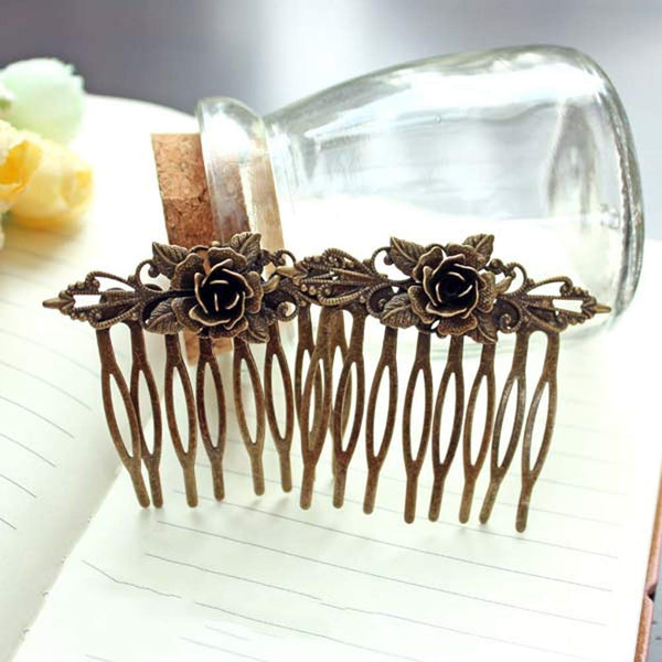 1 Pair Handmade Retro Bronze Hair Comb Floral Mini Decorative Comb